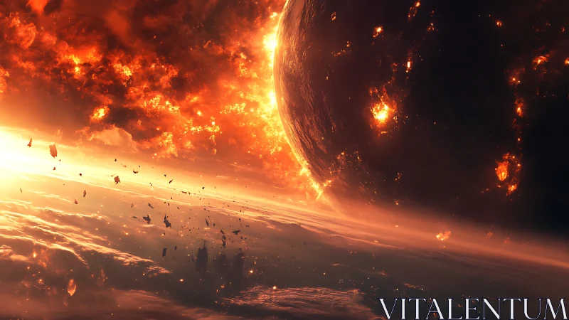 Molten world in catastrophic orbital breach above sunlit clouds.