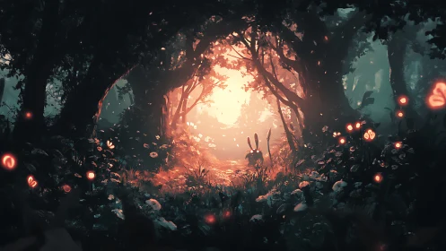 Forest tunnel with luminescent orbs and warm atmospheric lighting