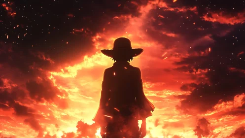 Silhouetted wanderer faces a burning sunset sky alone