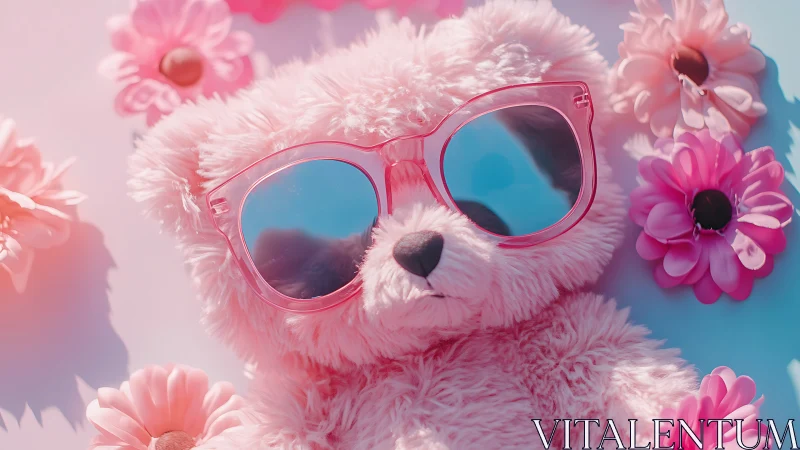 Fluffy pink teddy bear with sunny shades and spring flowers.