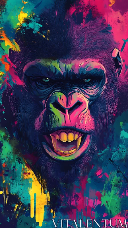 Neon-lit gorilla portrait rendered with high-contrast chromatic splatter