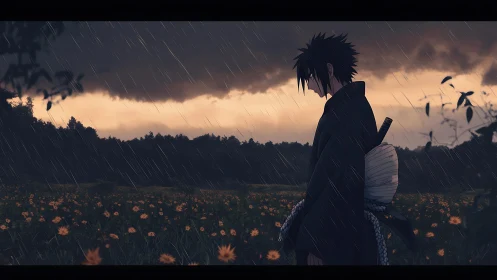 Solitary swordsman stands in rainy flower field at dusk