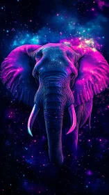 Neon cosmic elephant head glows against vibrant starfield
