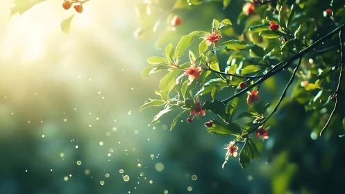 Sunlit cherry blossoms glow through soft green bokeh haze.