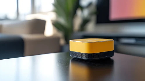Yellow Wireless Speaker on Desk Surface.