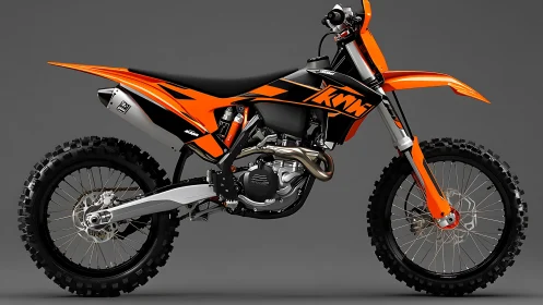 Orange and black KTM off road motorcycle side profile view.