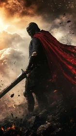 Armored warrior stands defiant beneath burning storm clouds