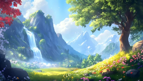 Luminous alpine valley with cascading waterfall and saturated flora