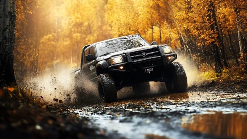Mud-slinging off-road titan storms through fiery autumn forest.