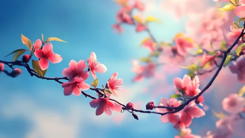 Pink Blossoms Against Clear Sky with Branches