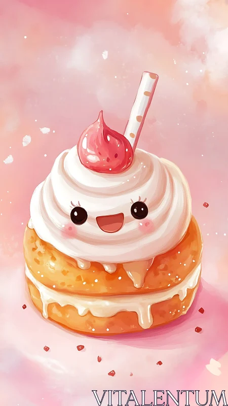 Animated pastry with anthropomorphic features and striped straw.