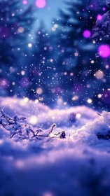 Glowing winter snowfall over soft-focus forest landscape