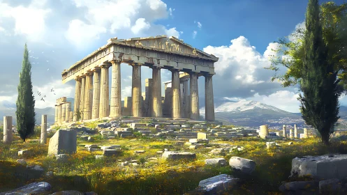 Sunlit Doric temple ruins amid wildflower meadow and mountains.