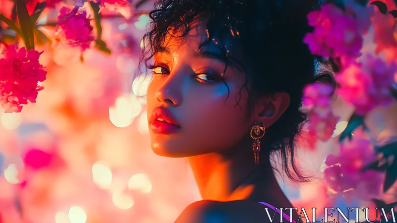 Portrait in neon bokeh with pink blossoms and warm rim light
