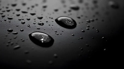 Close-up water droplets on dark smooth surface in macro.