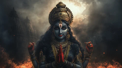 Dark-skinned goddess figure in ornate gold attire stands.