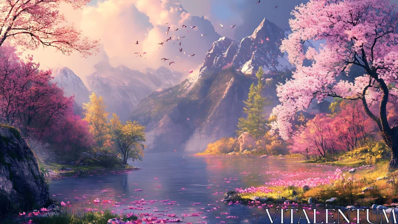 Radiant alpine lake with cherry blossoms and snow peaks at dawn