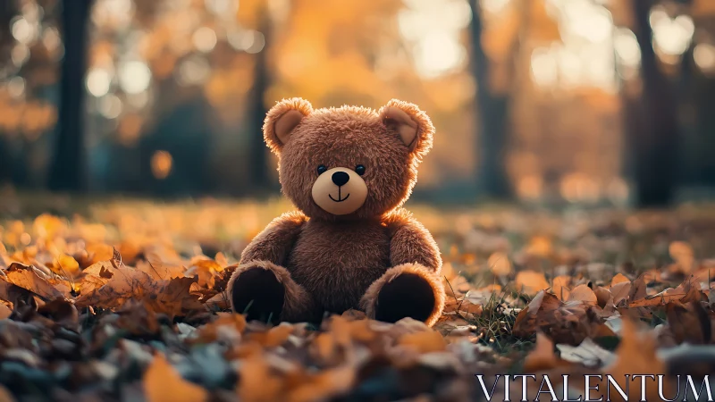 Soft brown teddy bear sitting on autumn forest leaves.
