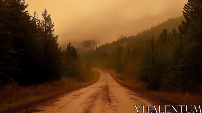 Amber fog road curling through twilight forest hush.