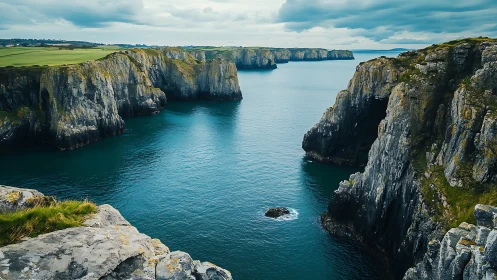 Brooding sea cliffs cradle teal waters under storm-laden skies.