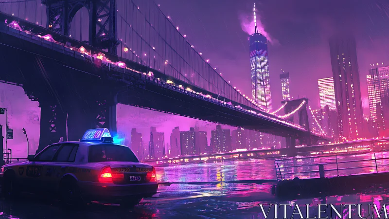 Neon‑lit rainy bridge scene with reflective river and parked taxi
