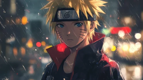 Stoic anime hero stands in neon city rain at night