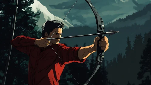 Mountain archer drawing compound bow in cinematic dusk light.