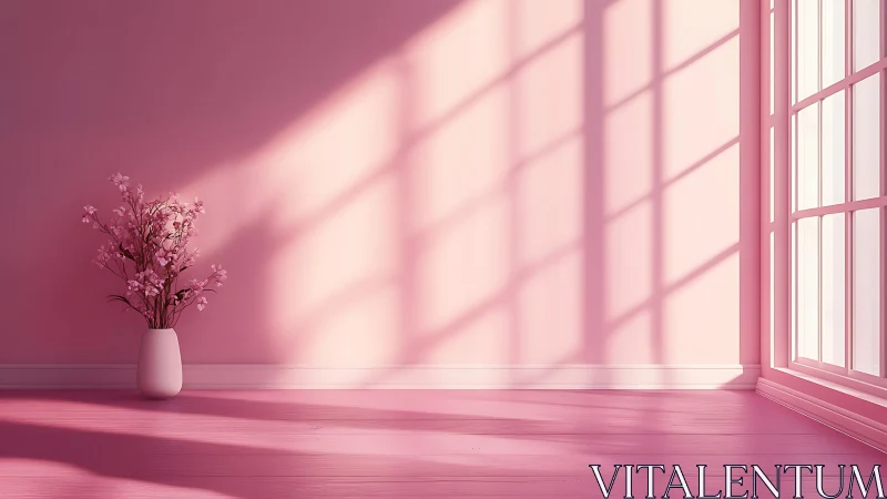 Minimalist pink interior with vase and geometric window light