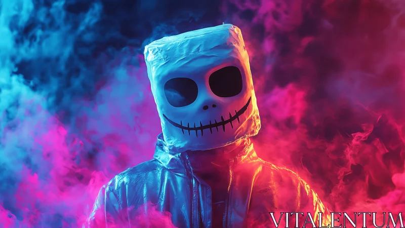 Neon skull mask figure in vivid pink and cyan smoke clouds.