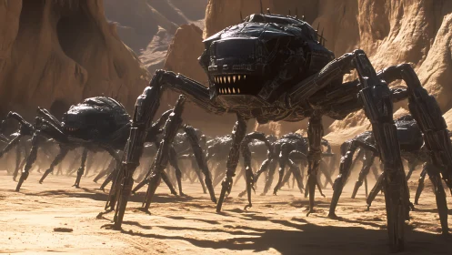 Military mech spider swarm advances through desert canyon.