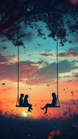 Silhouetted Figures Suspended Between Worlds at Dusk.