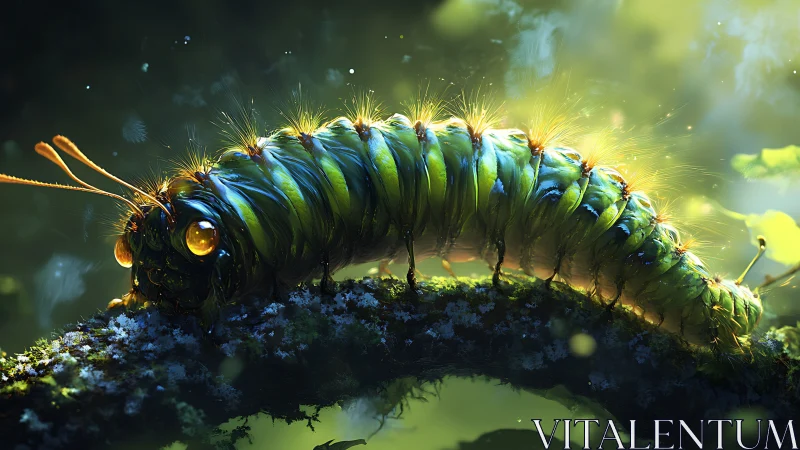 Luminous forest caterpillar glows along a mossy branch.