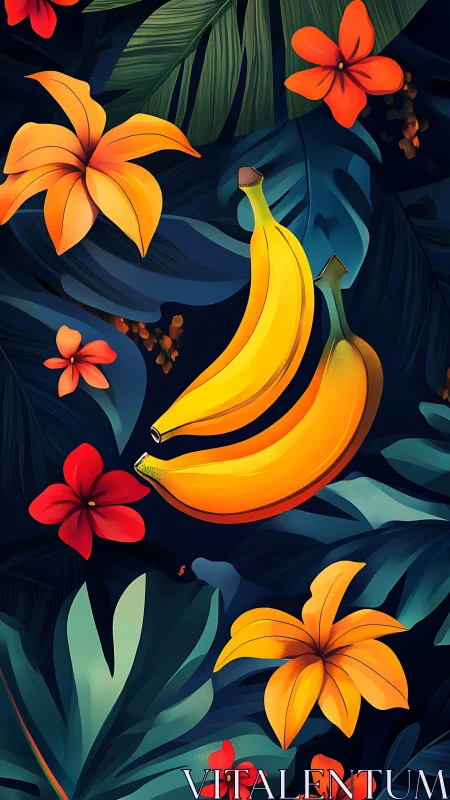 Tropical bananas rendered amid stylized foliage and florals