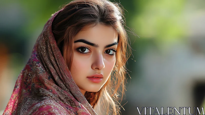 Portrait of Young Woman in Traditional Shawl, Soft Natural Light.