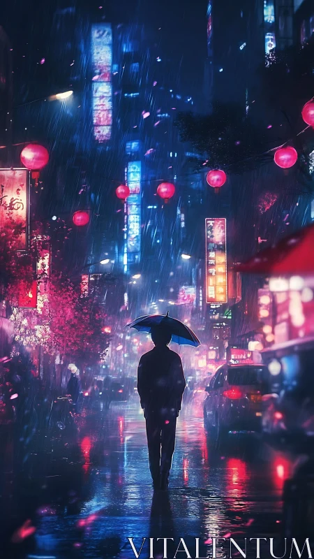 Silhouette under umbrella in neon drenched rainy city street