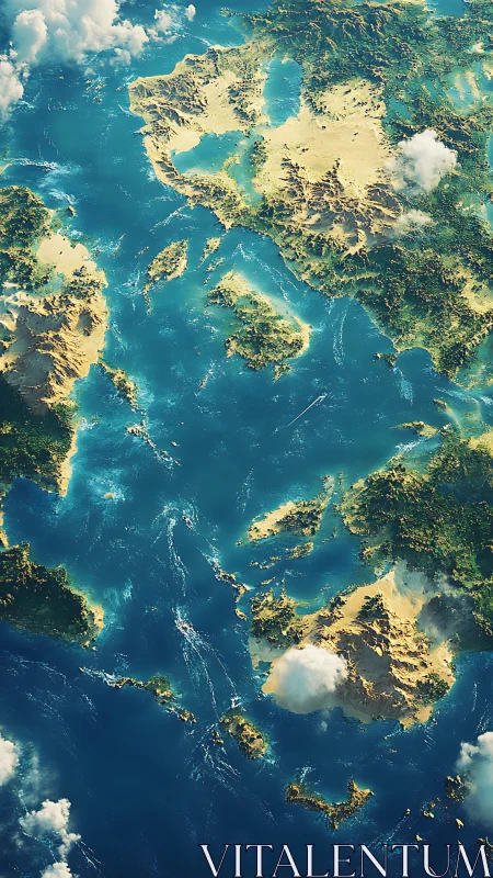 Sunlit fantasy archipelago floating in turquoise seas.