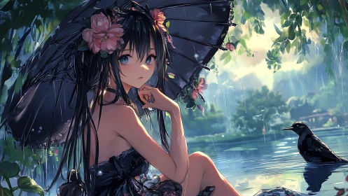 Girl under black parasol by lakeside in rainfall setting.