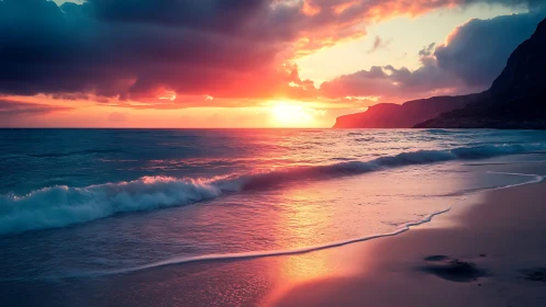 Sunset light reflects across tranquil surf on remote beach