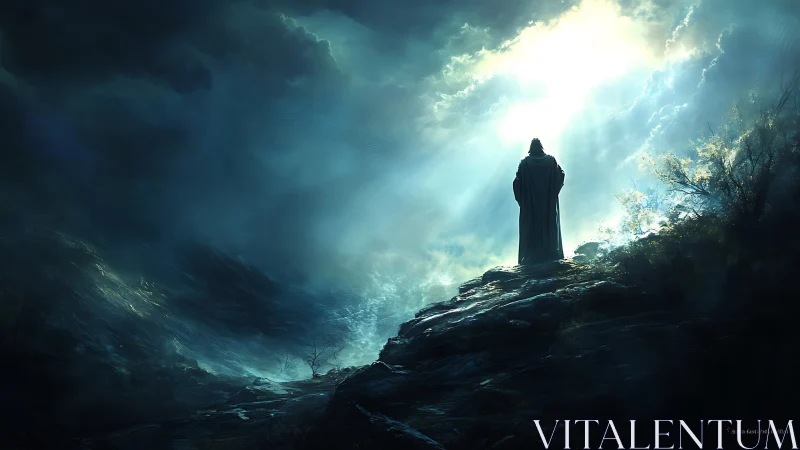 Lone robed wanderer drinks light from a storm torn sky