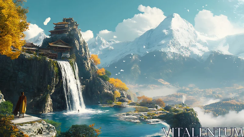 Monastery above the falls in a mist-wrapped mountain dreamscape.