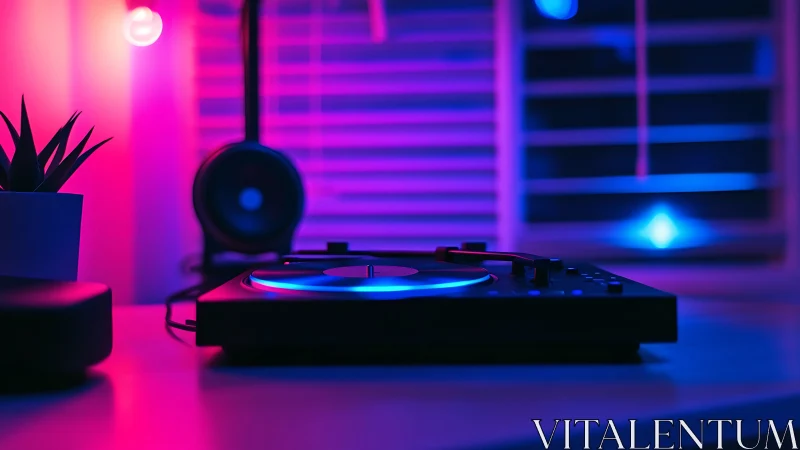 Neon lights glow gently around a cozy home DJ mixer setup
