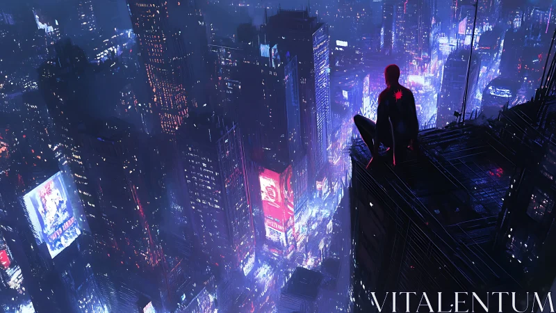 Masked figure overlooking neon city skyline at night.