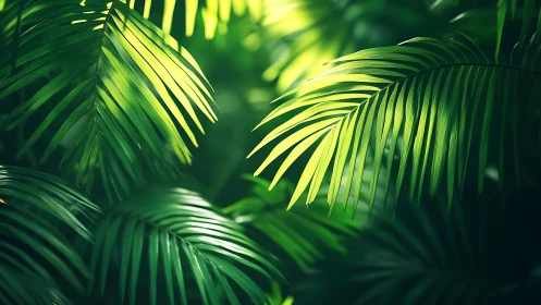 Sunlit tropical palm leaves glowing in lush green calm.