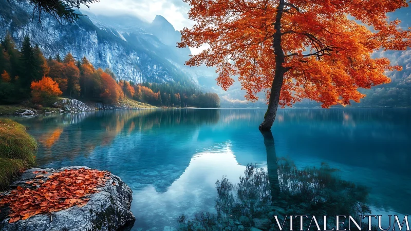 Autumn tree over crystal lake in peaceful mountain silence.