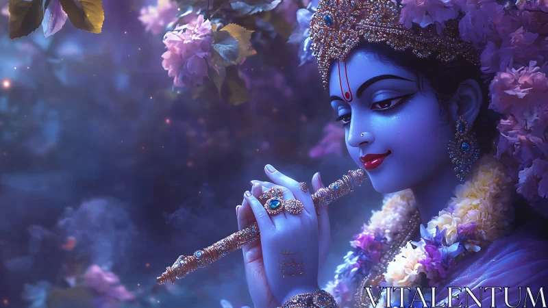 Midnight melody in a flower-lit divine garden dreamscape.