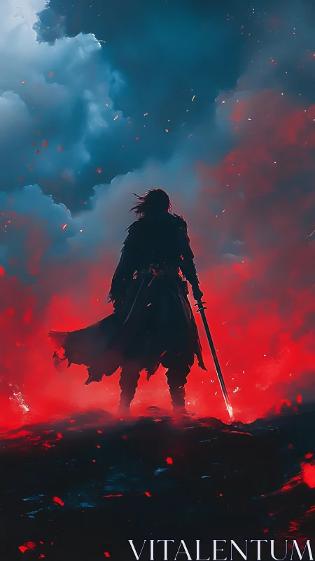 Silhouetted sword bearer in red mist under storm clouds.