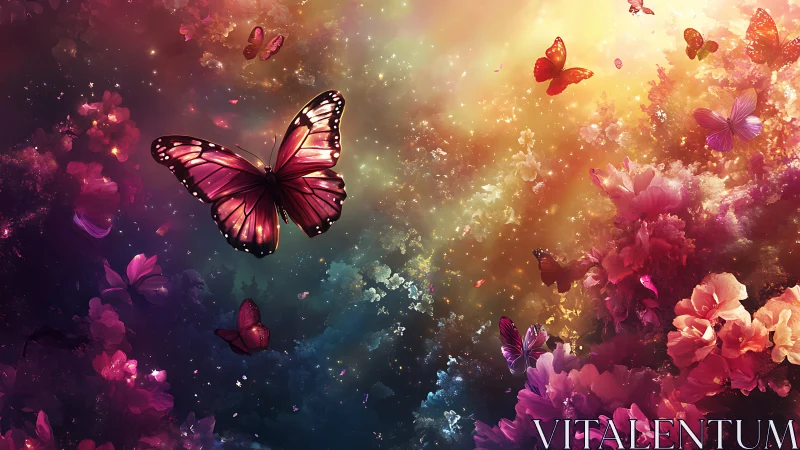 Spectral gradient sky with luminous butterflies over dense florals