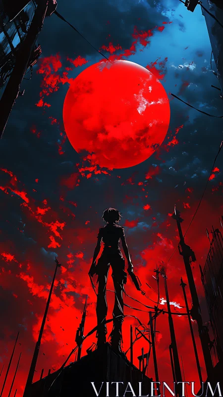 Lone sentinel stands beneath a blazing red moon sky