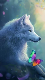 Luminous white wolf with rainbow butterfly in misty glade.