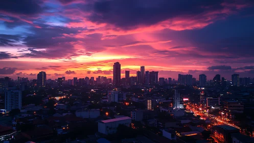 Vibrant city skyline under magenta twilight clouds.